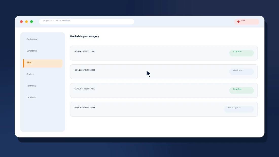 A GeM seller dashboard being demonstrated live during a TenderBuddy workshop, with bids screened for eligibility